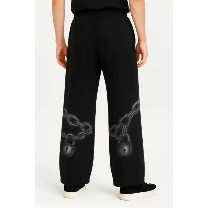 Erkek Üç İplik Pamuklu Baskılı Cepli Jogger Buggy Pantalon Oversize Kalıp - Siyah