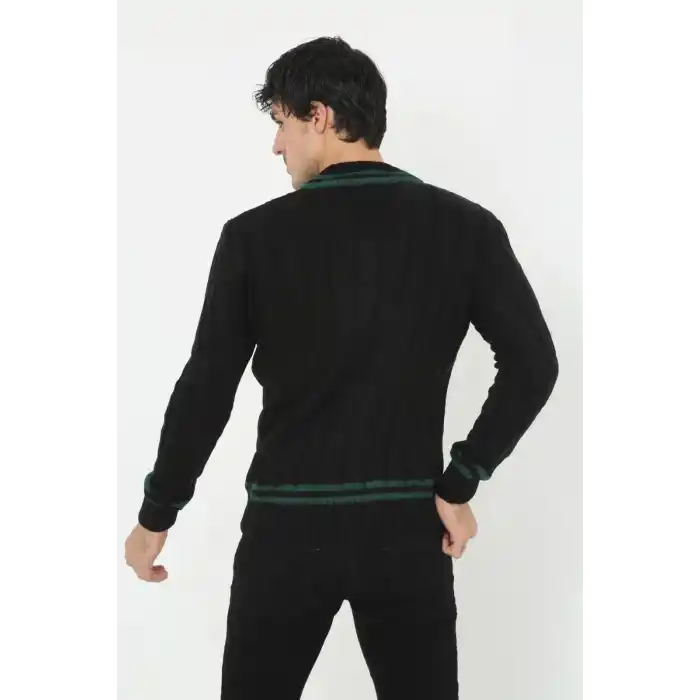 Erkek V Yaka Örgülü Kazak - Siyah