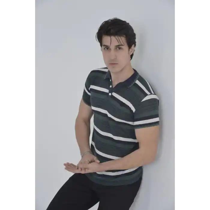 Erkek Yakalı Slim Fit Dokuma Çizgili T-Shirt - Haki