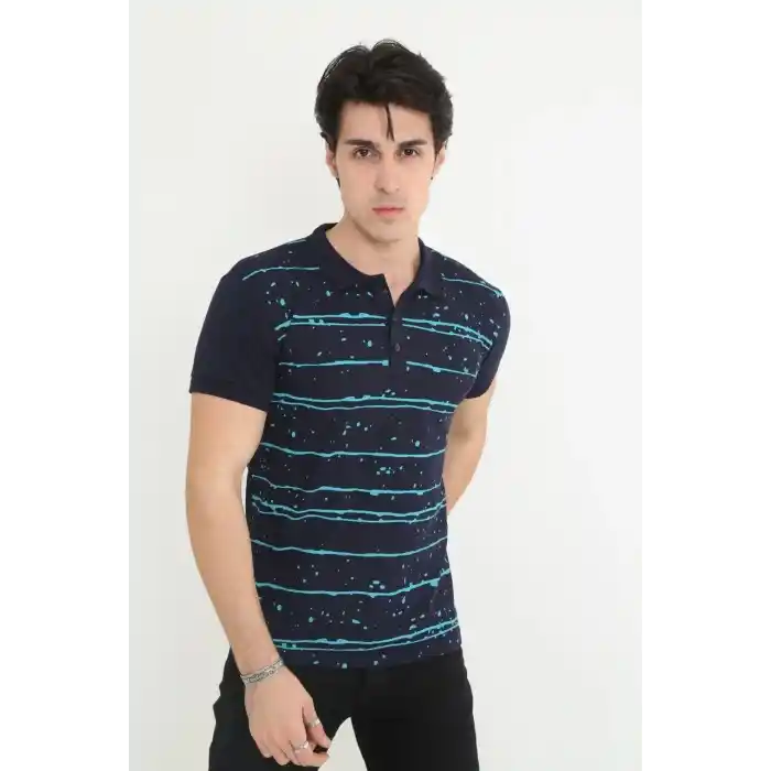 Erkek Yakalı Slim Fit Pike Çizgili T-Shirt - Lacivert