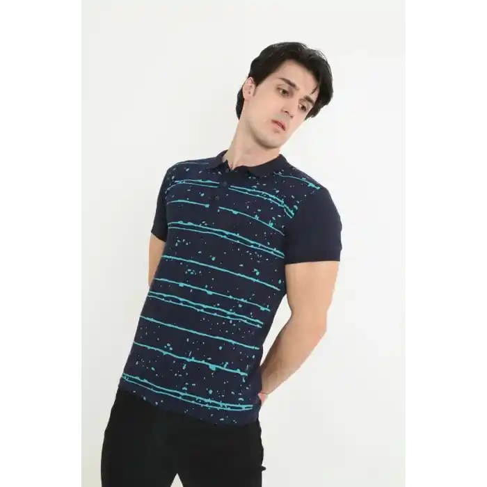 Erkek Yakalı Slim Fit Pike Çizgili T-Shirt - Lacivert