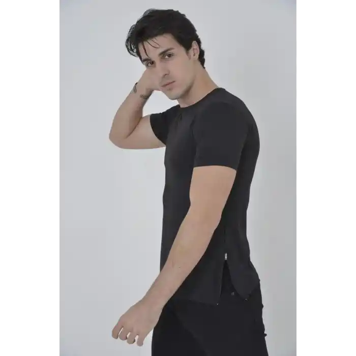 Erkek Yandan Fermuarli Slim fit T-shirt - Siyah