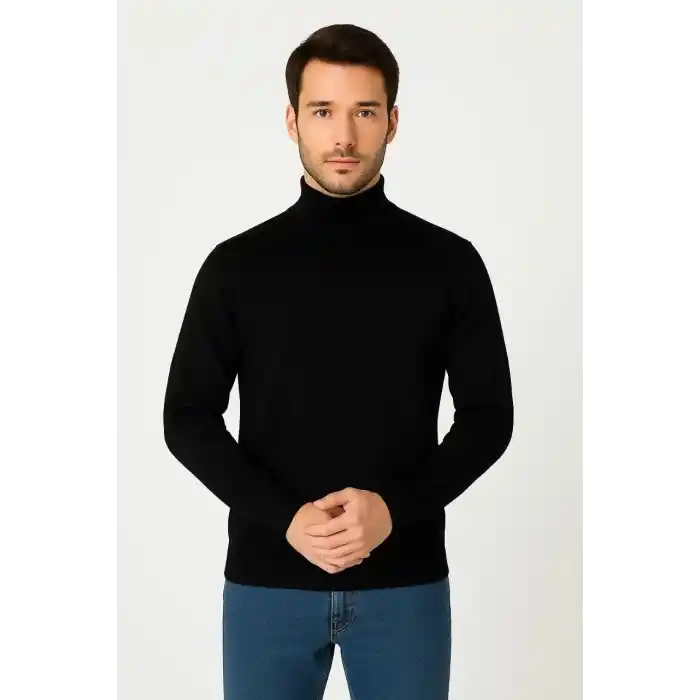 Erkek Yarım Boğaz Triko Kazak yumuşak dokulu Pamuklu ince Dokuma, uzun kollu Rahat Regular kalıp - Siyah