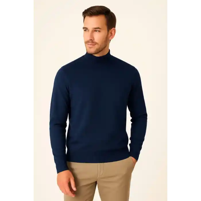 Erkek Yarım Boğaz Triko Kazak yumuşak dokulu Pamuklu ince Dokuma, uzun kollu Rahat Regular kalıp - Lacivert