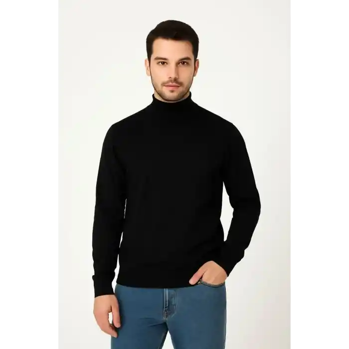 Erkek Yarım Boğaz Triko Kazak yumuşak dokulu Pamuklu ince Dokuma, uzun kollu Rahat Regular kalıp - Siyah