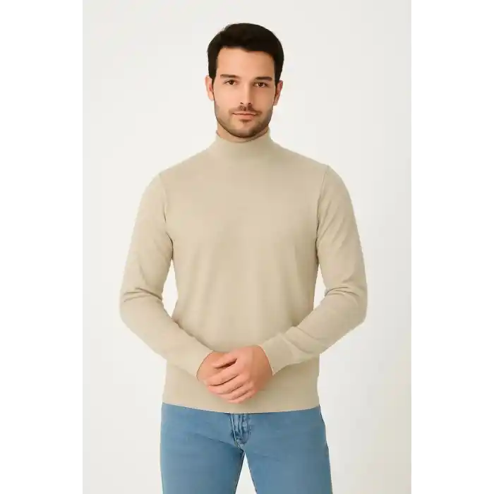 Erkek Yarım Boğaz Triko Kazak yumuşak dokulu Pamuklu ince Dokuma, uzun kollu Rahat Regular kalıp - Bej