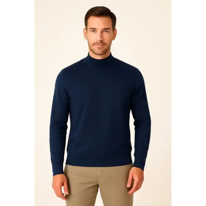 Erkek Yarım Boğaz Triko Kazak yumuşak dokulu Pamuklu ince Dokuma, uzun kollu Rahat Regular kalıp - Lacivert