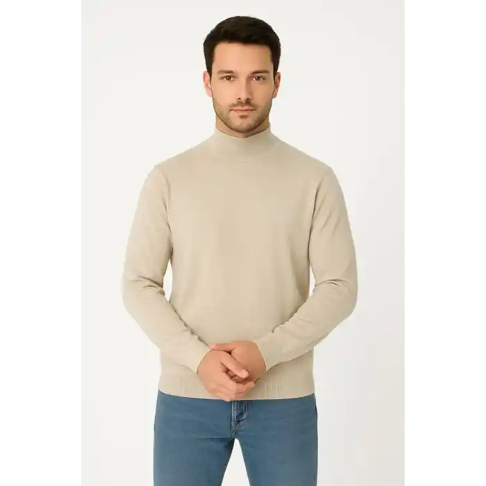 Erkek Yarım Boğaz Triko Kazak yumuşak dokulu Pamuklu ince Dokuma, uzun kollu Rahat Regular kalıp - Bej