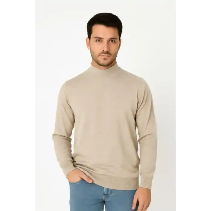 Erkek Yarım Boğaz Triko Kazak yumuşak dokulu Pamuklu ince Dokuma, uzun kollu Rahat Regular kalıp - Bej