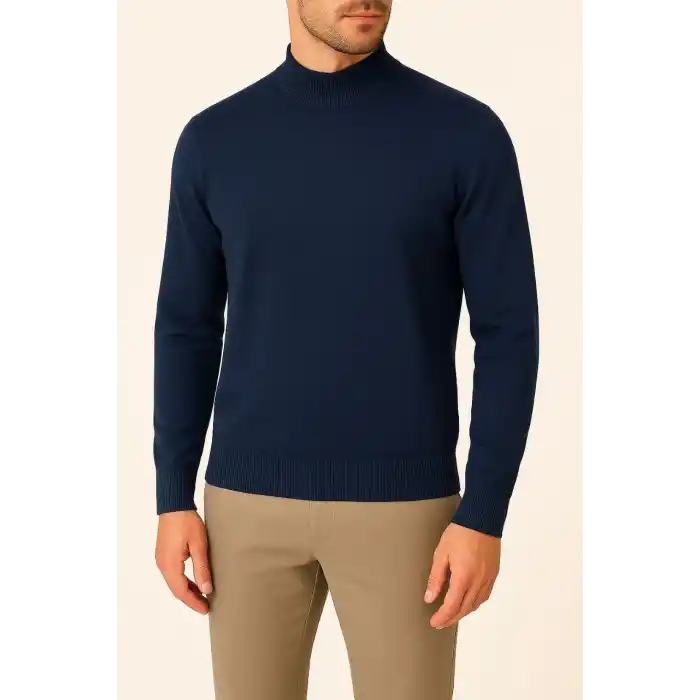 Erkek Yarım Boğaz Triko Kazak yumuşak dokulu Pamuklu ince Dokuma, uzun kollu Rahat Regular kalıp - Lacivert