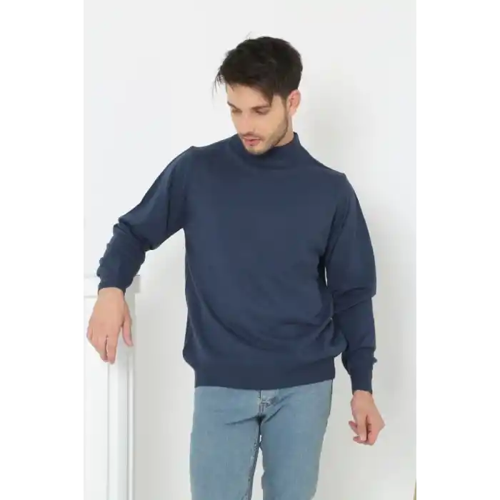 Erkek Yarım Boğaz Triko Kazak yumuşak dokulu Pamuklu ince Dokuma, uzun kollu Rahat Regular kalıp - İndigo