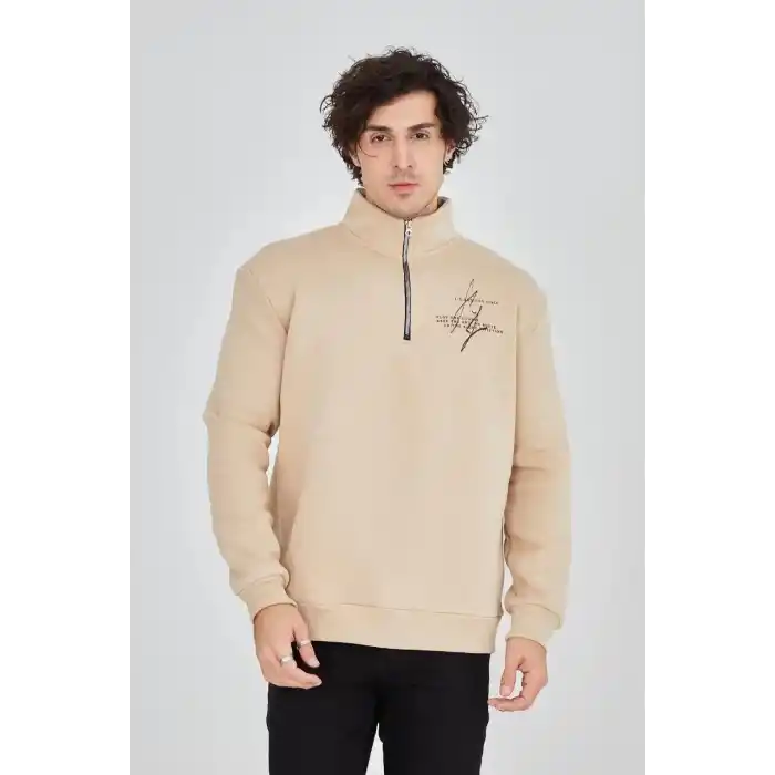 Erkek Yarım Fermuarlı Baskılı Sweat - Bej