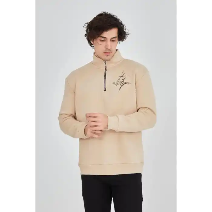 Erkek Yarım Fermuarlı Baskılı Sweat - Bej