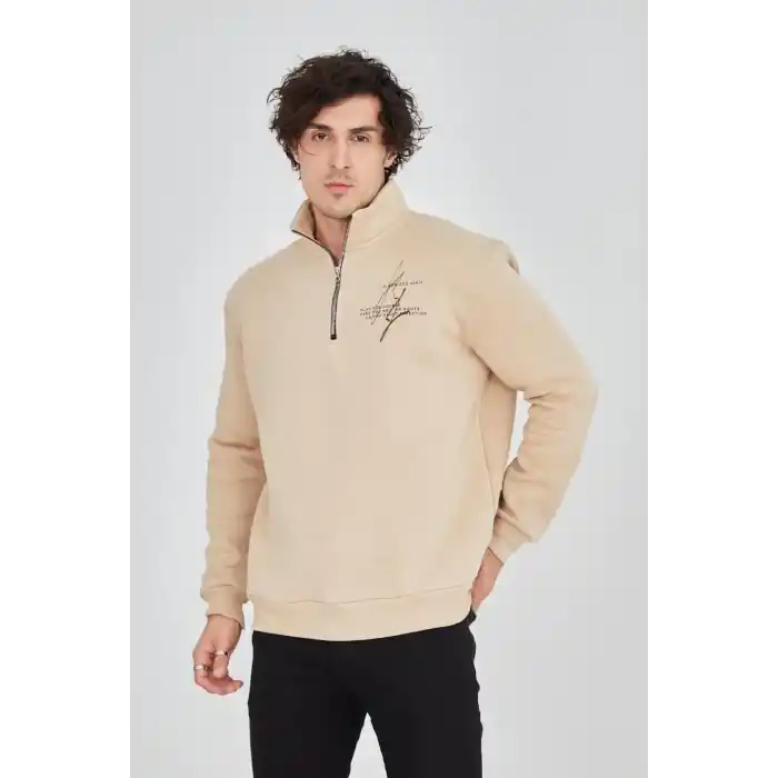 Erkek Yarım Fermuarlı Baskılı Sweat - Bej