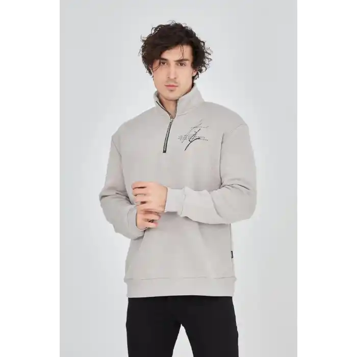 Erkek Yarım Fermuarlı Baskılı Sweat - Boyalı Gri
