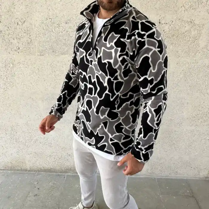 Erkek Yarım Fermuarlı Desenli Polar Sweat Yakalı, Uzun Kollu, Oversize Rahat Kalıp - Siyah