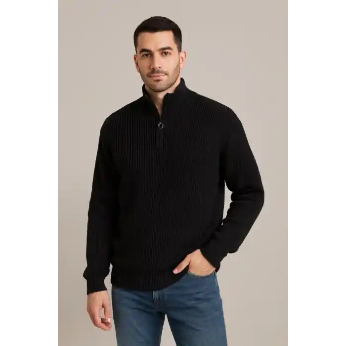 Erkek Yarım Fermuarlı Triko Kazak – Selanik Örgü, Dik Yaka, Pamuklu Dokuma, Regular Fit Uzun Kollu Kışlık Model - Siyah