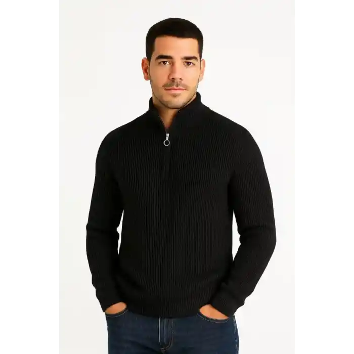 Erkek Yarım Fermuarlı Triko Kazak – Selanik Örgü, Dik Yaka, Pamuklu Dokuma, Regular Fit Uzun Kollu Kışlık Model - Siyah