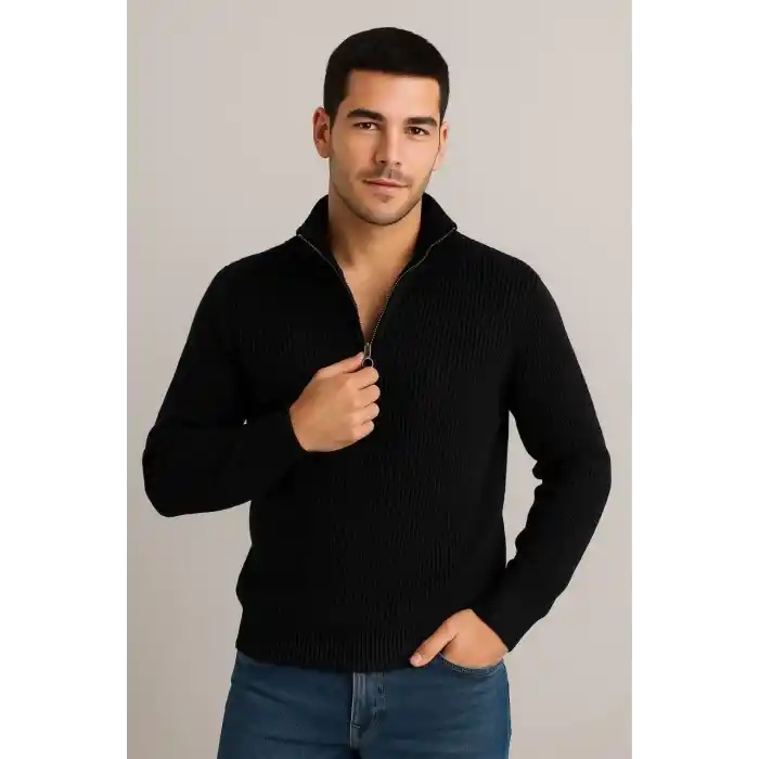 Erkek Yarım Fermuarlı Triko Kazak – Selanik Örgü, Dik Yaka, Pamuklu Dokuma, Regular Fit Uzun Kollu Kışlık Model - Siyah
