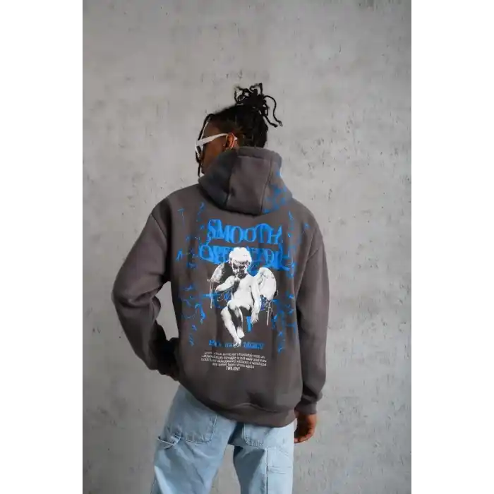 Erkek Yıldırım Baskılı Kapşonlu Sweatshirt - Gri