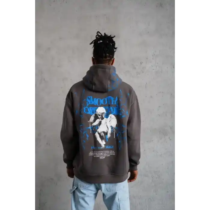 Erkek Yıldırım Baskılı Kapşonlu Sweatshirt - Gri