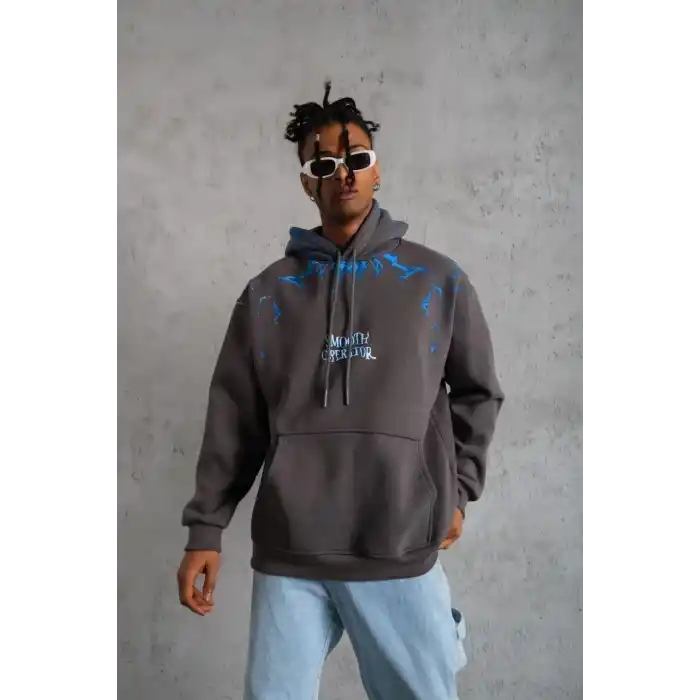 Erkek Yıldırım Baskılı Kapşonlu Sweatshirt - Gri