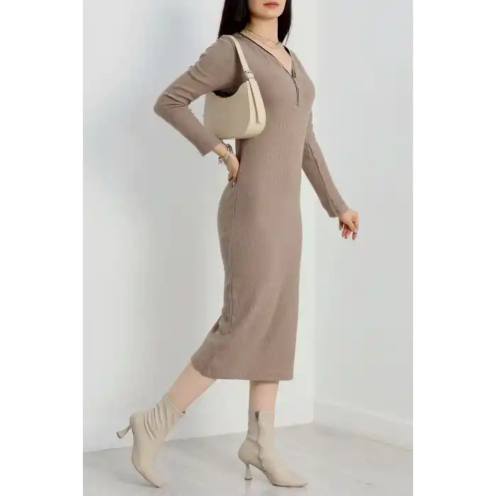 Fermuar detaylı fitilli şardonlu elbise bej a3178