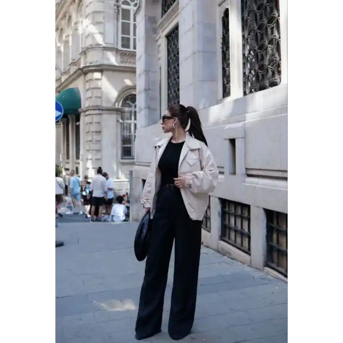 Fermuarlı Gömlek Yaka Bomber Ceket - Beyaz