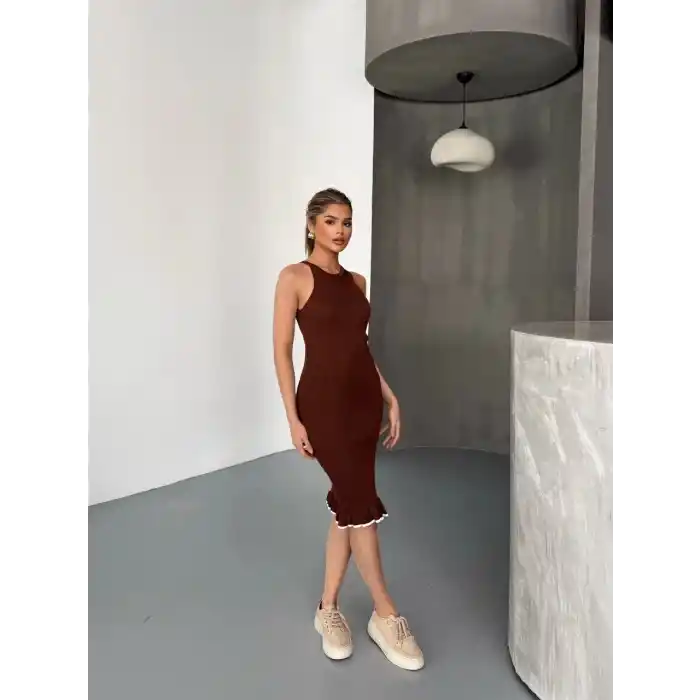 Fırfır Detaylı Triko Elbise- Kahverengi