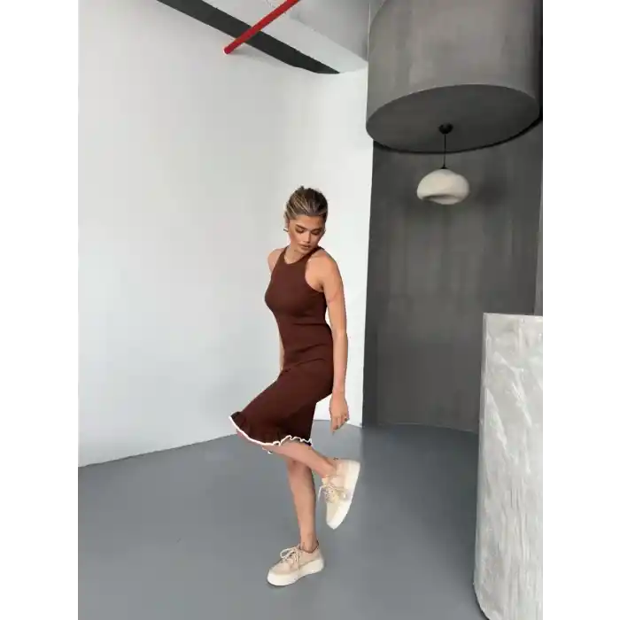 Fırfır Detaylı Triko Elbise- Kahverengi