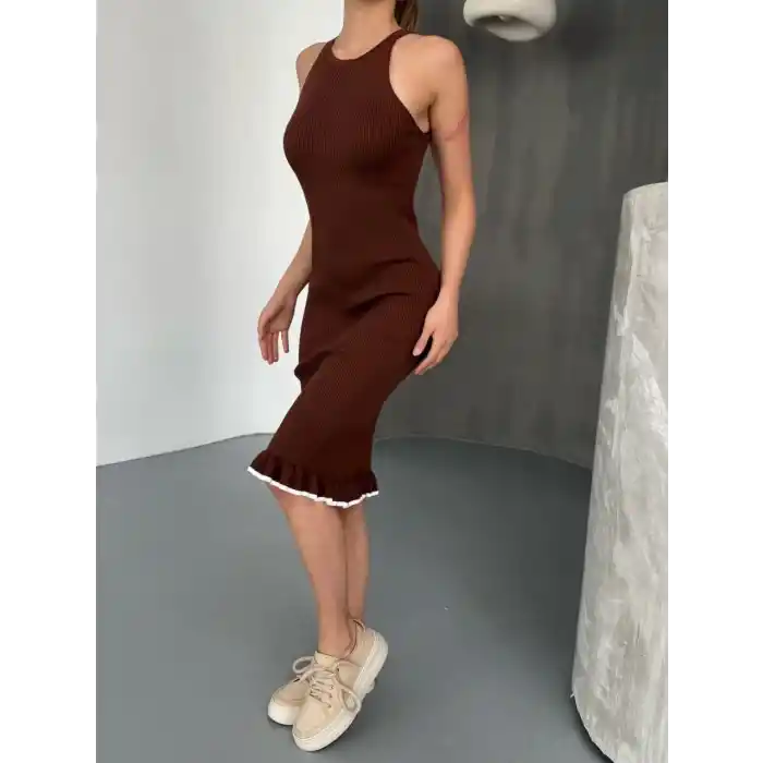 Fırfır Detaylı Triko Elbise- Kahverengi