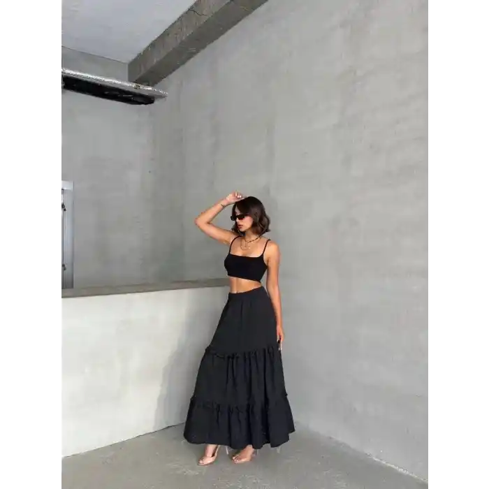 Fırfırlı brodeli astarlı uzun etek siyah s255047