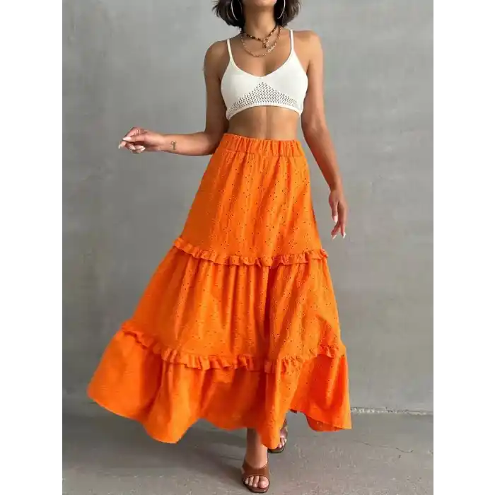 Fırfırlı brodeli astarlı uzun etek turuncu s255047