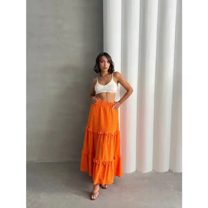 Fırfırlı brodeli astarlı uzun etek turuncu s255047