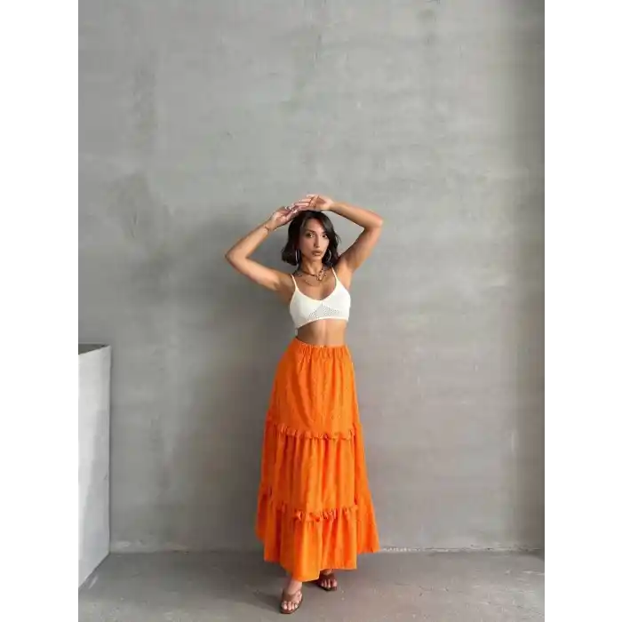 Fırfırlı brodeli astarlı uzun etek turuncu s255047