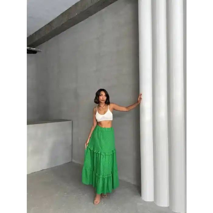 Fırfırlı brodeli astarlı uzun etek yeşil s255047