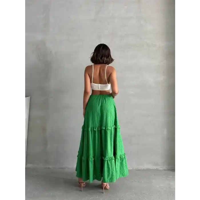 Fırfırlı brodeli astarlı uzun etek yeşil s255047