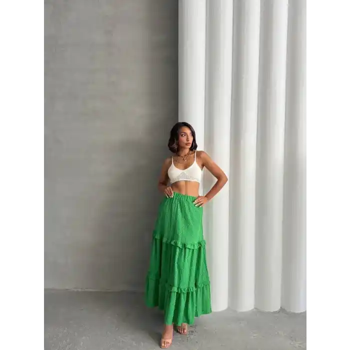 Fırfırlı brodeli astarlı uzun etek yeşil s255047