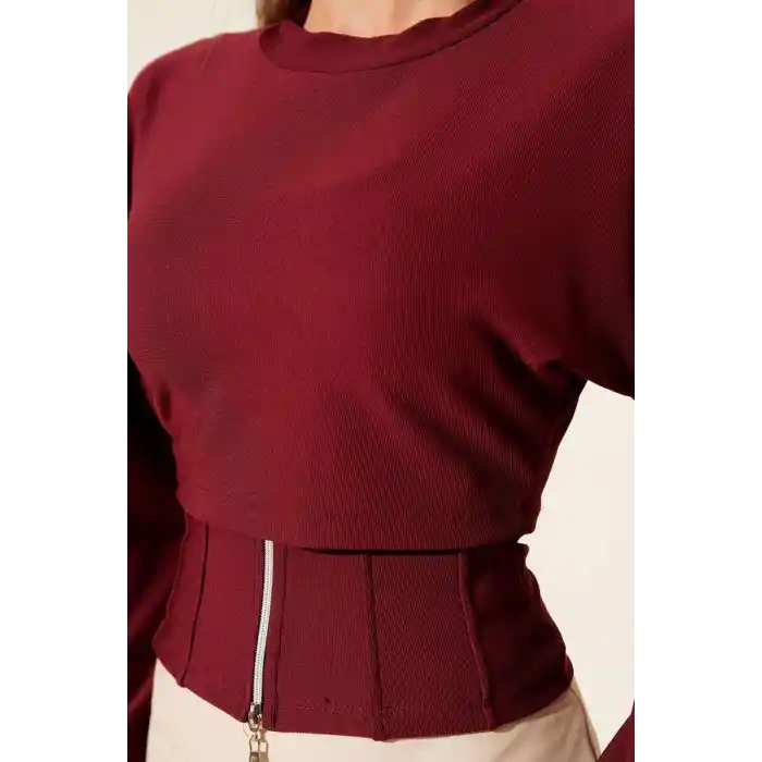 Fitilli Bisiklet Yaka İkili Bluz bordo T4341