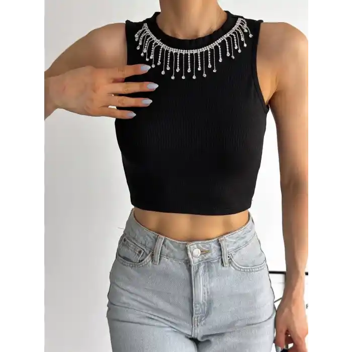 fitilli kaşkorse yakası zincirli atlet siyah