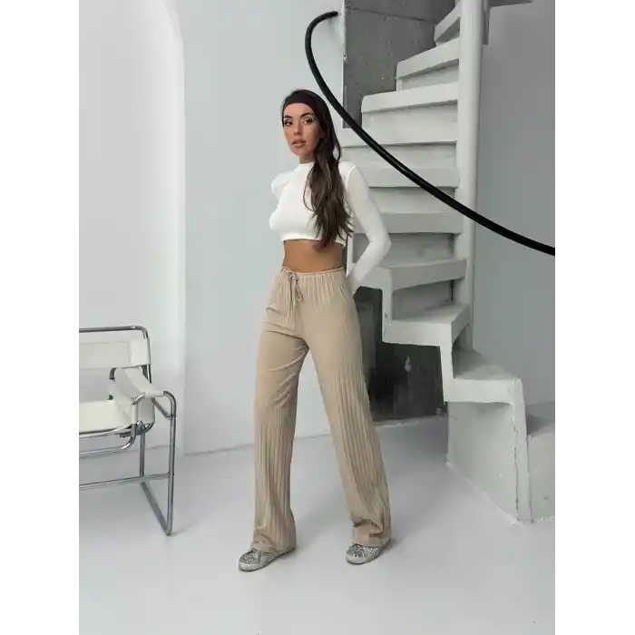 Fitilli şardonlu pantolon bej a4058