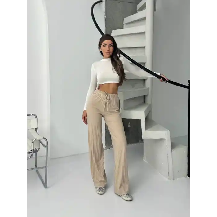 Fitilli şardonlu pantolon bej a4058