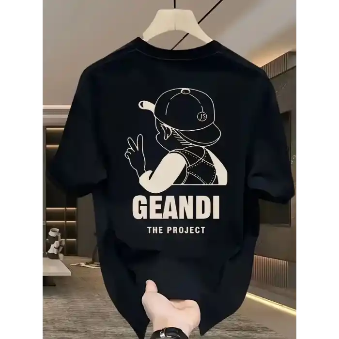 Geniş Kesim Pamuklu Tişört - GANDHI The Project Baskılı, Siyah, Rahat Kesim, Kısa Kollu, Günlük Kıyafet, Her Gün Giyilebilecek Tişört- Siyah