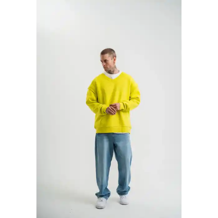 Geniş V yaka Kol Ribana Detaylı SweatShirt - Sarı