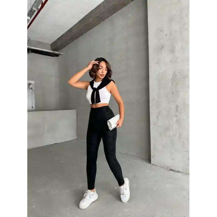 Gizli yan fermuarlı bulut desenli tayt siyah h248638