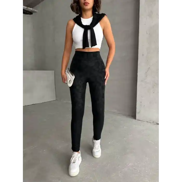 Gizli yan fermuarlı bulut desenli tayt siyah h248638