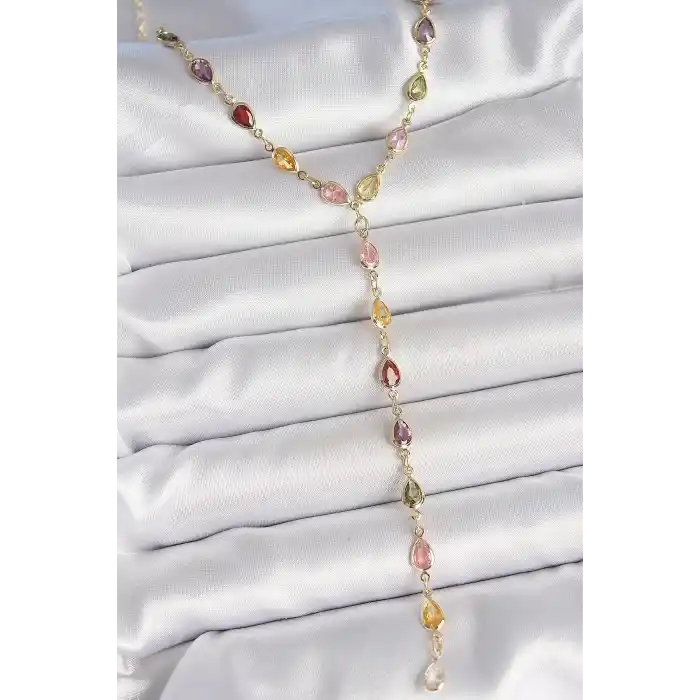 Gold Karışık Renk Zirkon Taşlı Y Pirinç Kolye