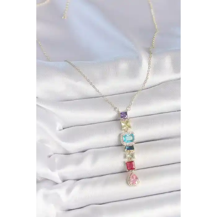 Gold Karışık Renk Zirkon Taşlı Y Pirinç Kolye