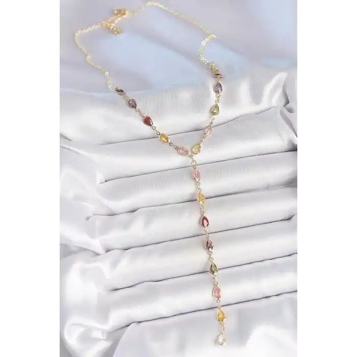 Gold Karışık Renk Zirkon Taşlı Y Pirinç Kolye