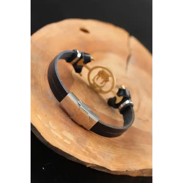 Gold Renk Baykuşlu Metal Aksesuarlı Siyah Renk Deri Erkek Bileklik